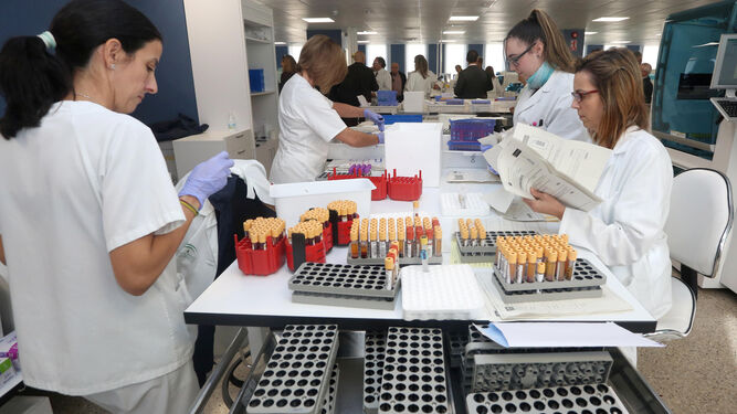 Personal sanitario en las instalaciones de los laboratorios del Complejo Hospitalario de Huelva.