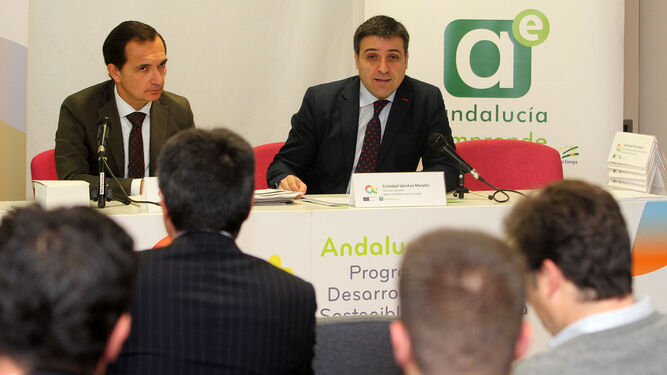 El gerente de la Agencia Andaluza de la Energía, Cristóbal Sánchez, acompañado por el delegado de Economía, Manuel Ceada, en la jornada de ayer.