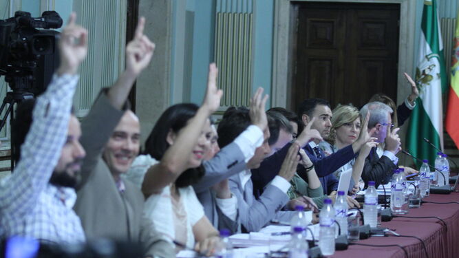 Concejales de Participa Huelva, Mesa de la Ría, Ciudadanos y Partido Popular alzan sus manos en la aprobación unánime de una de las mociones de ayer.