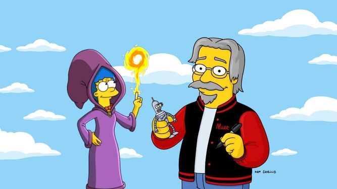 Matt Groening, autocaricaturizado, con Marge y Bender ('Futurama'),