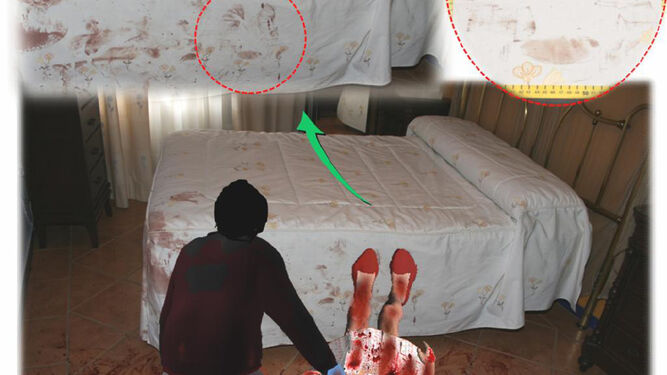 La cama, perfectamente hecha; sobre la imagen, recreación del ataque a María.