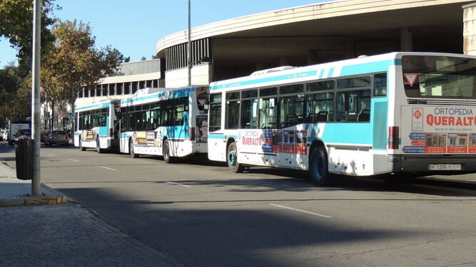 Tres autobuses estacionados en Zafra antes de iniciar sus rutas por la capital.