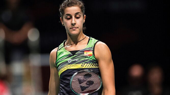 Carolina Marín, con gesto serio en un torneo reciente.