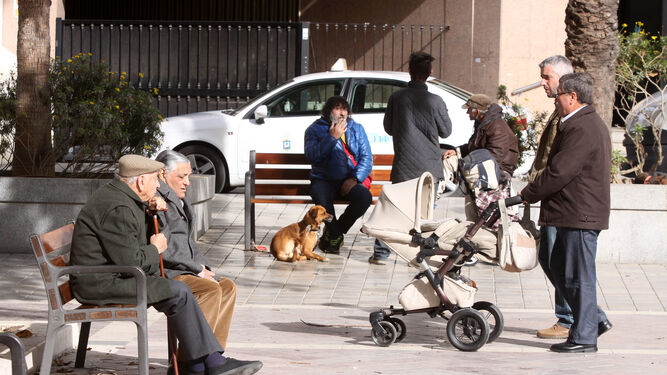 Varios ancianos conversan en el banco de una plaza.
