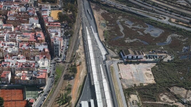 Vista aérea de la nueva estación de tren de Huelva, ubicada en el paraje de Las Metas.