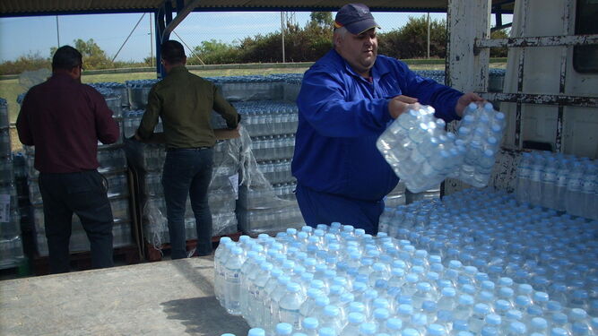 Un operario almacena botellas de agua.