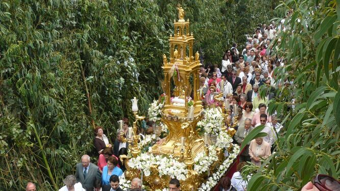 La procesión del Santísimo discurre por unas calles ornamentadas con eucaliptos.