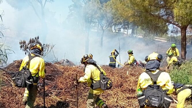 Efectivos de Infoca trabajan sobre el terreno en un incendio forestal