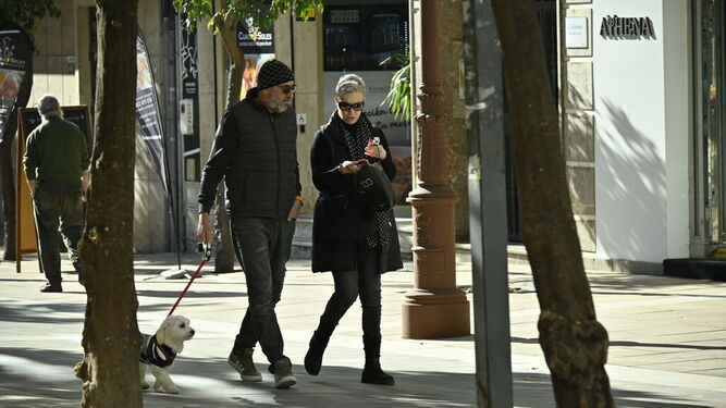 Una pareja pasea junto a su perro en una céntrica calle de Huelva