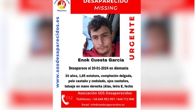 Cartel de la desaparición de Enok Cuesta, publicado por SOS Desaparecidos.