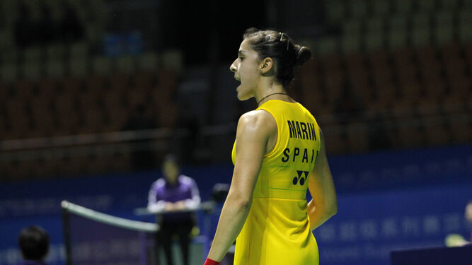 Carolina Marín celebra un punto en uno de los encuentros que ha disputado en China.