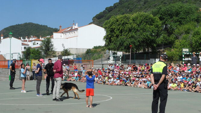 La unidad canina de la Policía Local realiza una actividad en un centro escolar.
