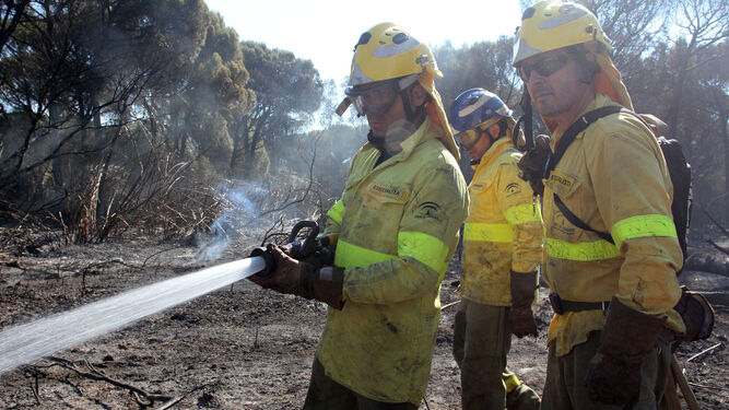Efectivos del Infoca realizan tareas de refresco de la superficie afectada por el fuego en Gibraleón en la mañana de ayer.