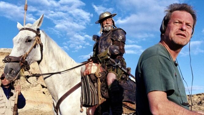 Terry Gilliam durante el rodaje en los 90 con Jean Rochefort en el papel de Quijote.