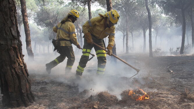 Un momento de la extinción del fuego en el entorno de Doñana.