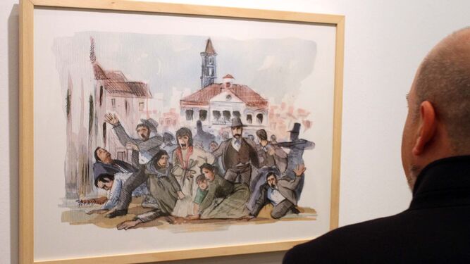 Un visitante contempla la lámina que ilustra el momento de la carga sobre los manifestantes en Riotinto el 4 de febrero de 1888.
