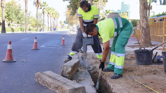 Dos operarios realizan obras para un paso rebajado para peatones en la avenida Cristóbal Colón.