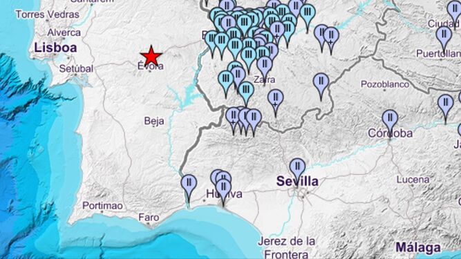Mapa publicado por el IGN con distintos puntos de España y el grado de intensidad con el que se sintió el seísmo de ayer en Évora.