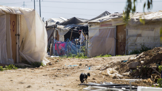 Imagen de los ocupantes de una de las chabolas en el asentamiento de la capital onubense.