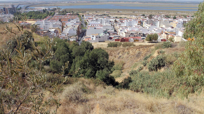 Las laderas del Cabezo del Conquero, proyectadas sobre Las Colonias, con el fondo de las Marismas del Odiel.