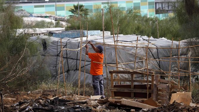 Un migrante se dispone a construir una chabola en una zona de Lepe.