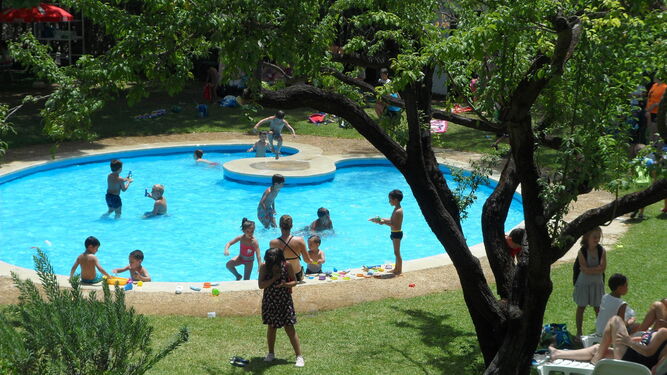 Niños y jóvenes se refrescan en el agua de la piscina cubierta de La Palma del Condado durante una jornada estival.