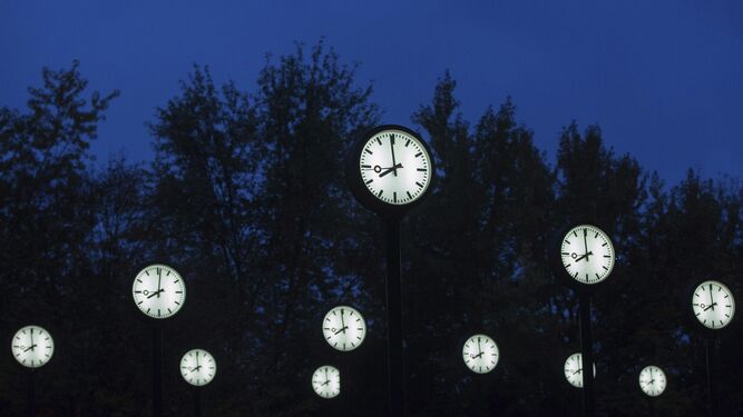 Un grupo de relojes lucen en una instalación en un parque.