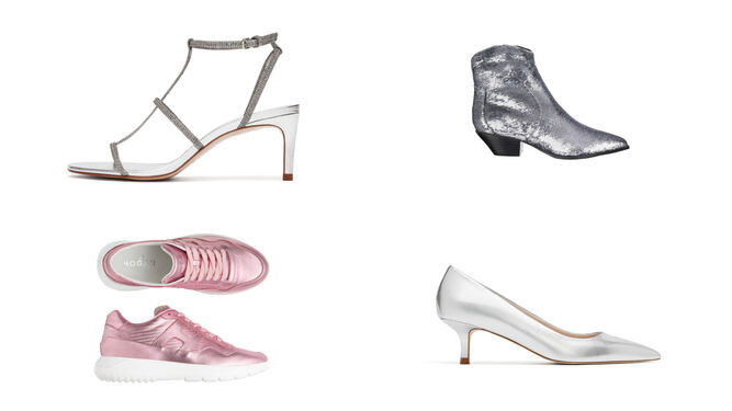 De izquierda a derecha y de arriba a abajo: sandalia de tac&oacute;n con purpurina plateada de Zara; bot&iacute;n cowboy plateado de Asos; sneakers rosas metalizadas de Hogan; salones metalizados plata de Zara.