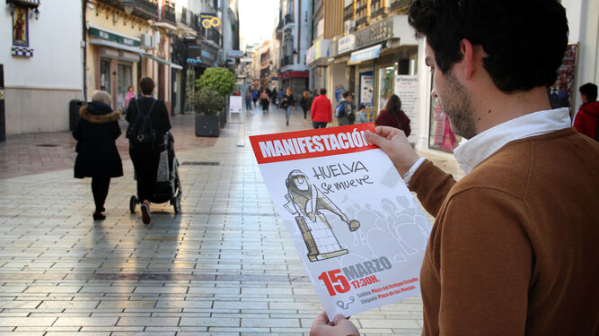 Cartel anunciador de la manifestación del 15-M con el lema ‘Huelva se mueve’ y el logo del dibujante José Manuel Esteban.