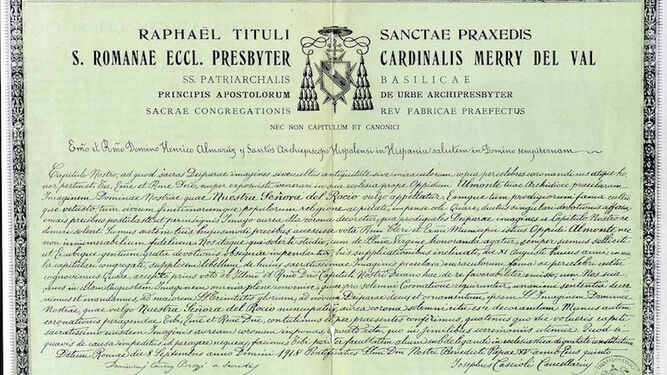 Bula de la coronación canónica de Nuestra Señora del Rocío, dada en Roma el 8 de septiembre de 1918.
