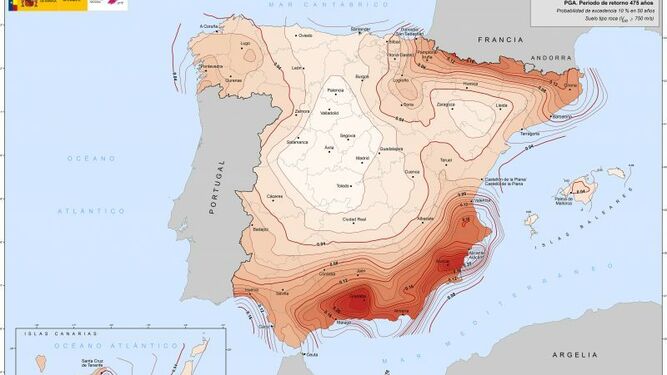 Mapa de peligrosidad sísmica de Huelva.