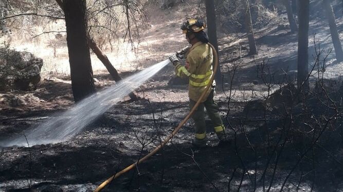 Un bombero trabaja en las labores de extinción del incendio de El Romeral, en Antequera.