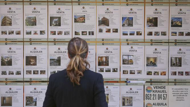 Una mujer observa los anuncios de ventas de pisos en una inmobiliaria.
