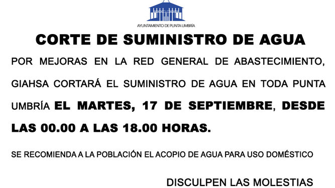 Información sobre el corte general de agua en Punta Umbría.