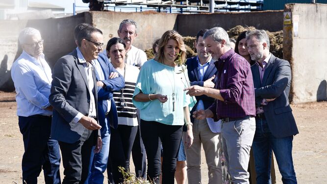 La secretaria general del PSOE-A, Susana Díaz, durante la visita ayer a la empresa puebleña Biolandes, dedicada al tratamiento de la jara.