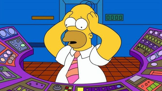 Homer en el control de la central nuclear de Springfield