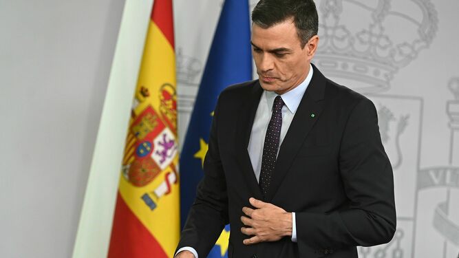 El líder del PSOE, Pedro Sánchez, durante la rueda de prensa que dio este miércoles en el Palacio de la Moncloa.
