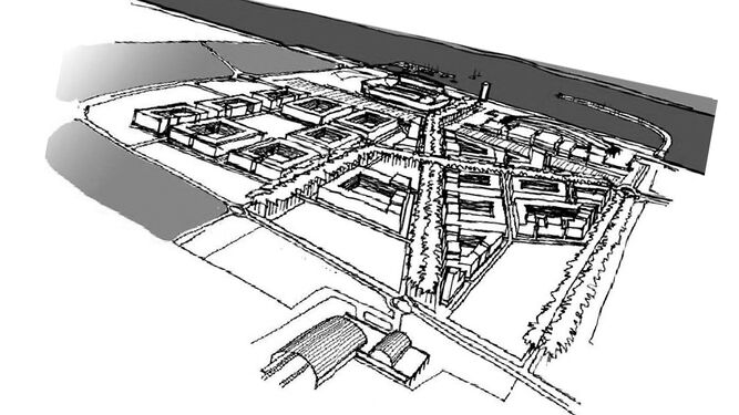 Dibujo de 2009 del Ensanche Sur, con la Ciudad de la Justicia en primer término.