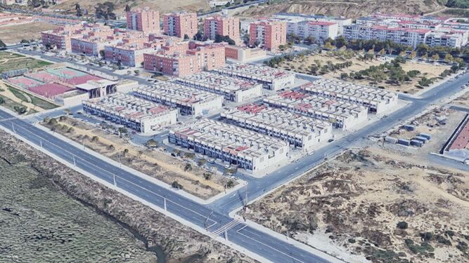 Vista aérea de la barriada Marismas del Odiel en la que va a actuar AVRA.