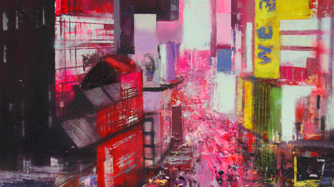 Pedro Rodríguez interpreta Times Square en  este lienzo.