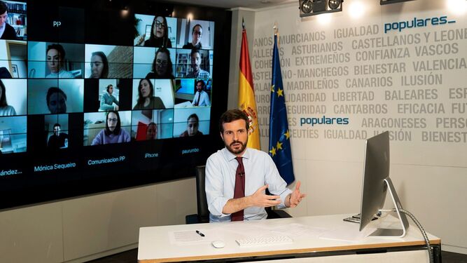 Pablo Casado, líder del PP, habla por videoconferencia con alcaldes de su partido.