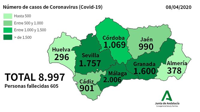 Imagen de los casos por provincias difundida por la Junta de Andalucía.