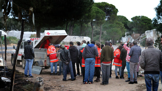 Cruz Roja ofrece ayuda humanitaria a los inmigrantes de un asentamiento chabolista.