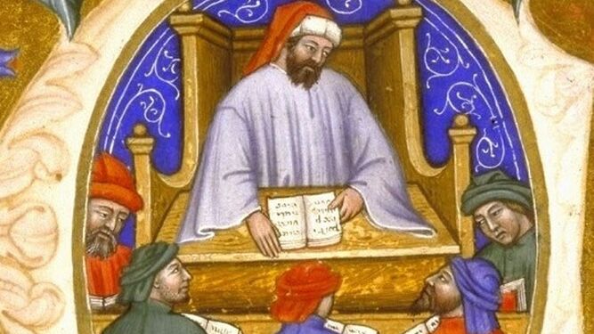Boecio enseñando a sus alumnos en la capitular de un manuscrito del 'Consuelo' (s. XIV).