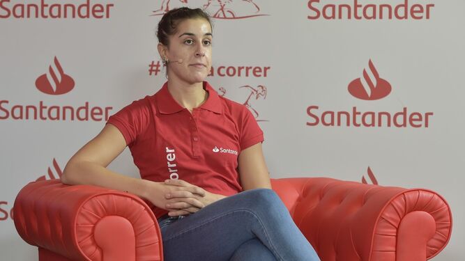 Carolina Marín:, durante el acto promocional con el Banco Santander.