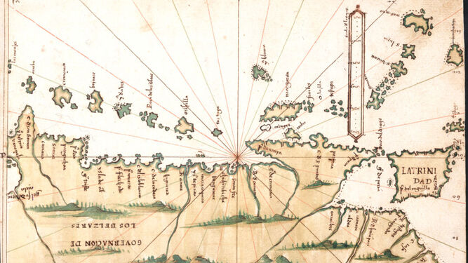 Mapa de la costa norte de Colombia y Venezuela, realizado por Alonso de Santa Cruz.  Islario General de todas las Islas del Mundo (ca. 1550). Biblioteca Nacional de España.