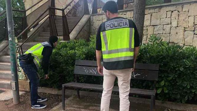 Dos agentes inspeccionan el lugar donde se produjo la agresión homófoba en un parque de Alicante.