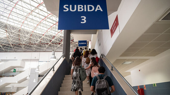 Un grupo de alumnos se dirige a las aulas de la UHU para hacer la prueba de acceso en 2020.