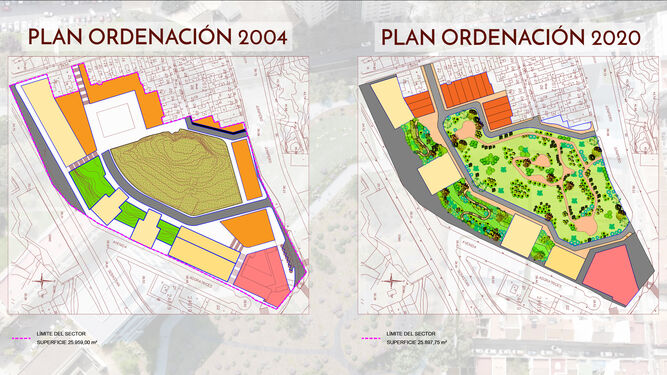Comparativa de los usos contemplados en los terrenos, según el PERI aprobado en 2004 y la modificación de 2020.