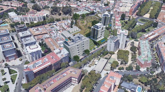 Recreación del proyecto en una vista aérea con el frente de la calle San Sebastián.